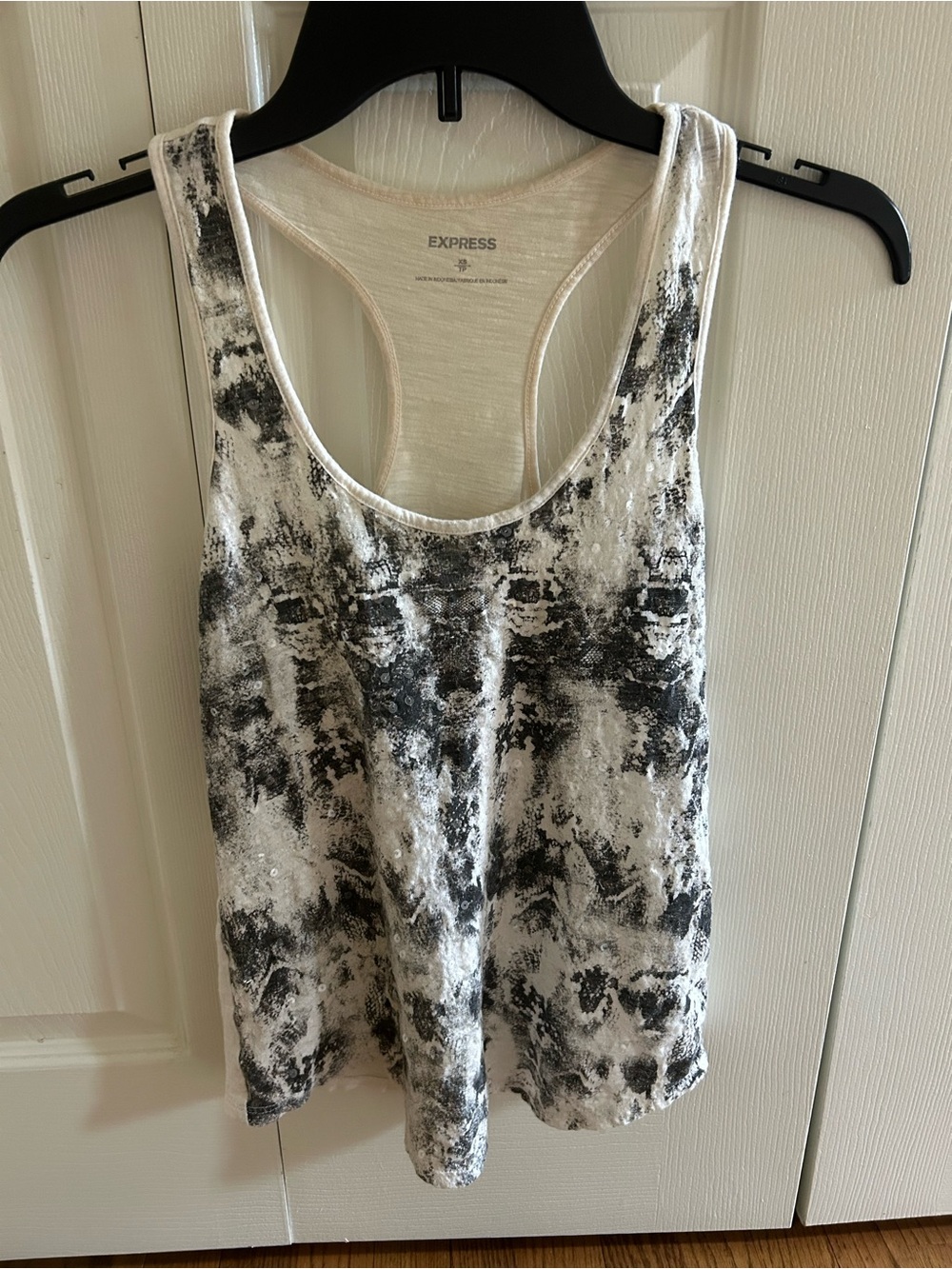 Express White and Black Abstract Racerback Tank with Sequins